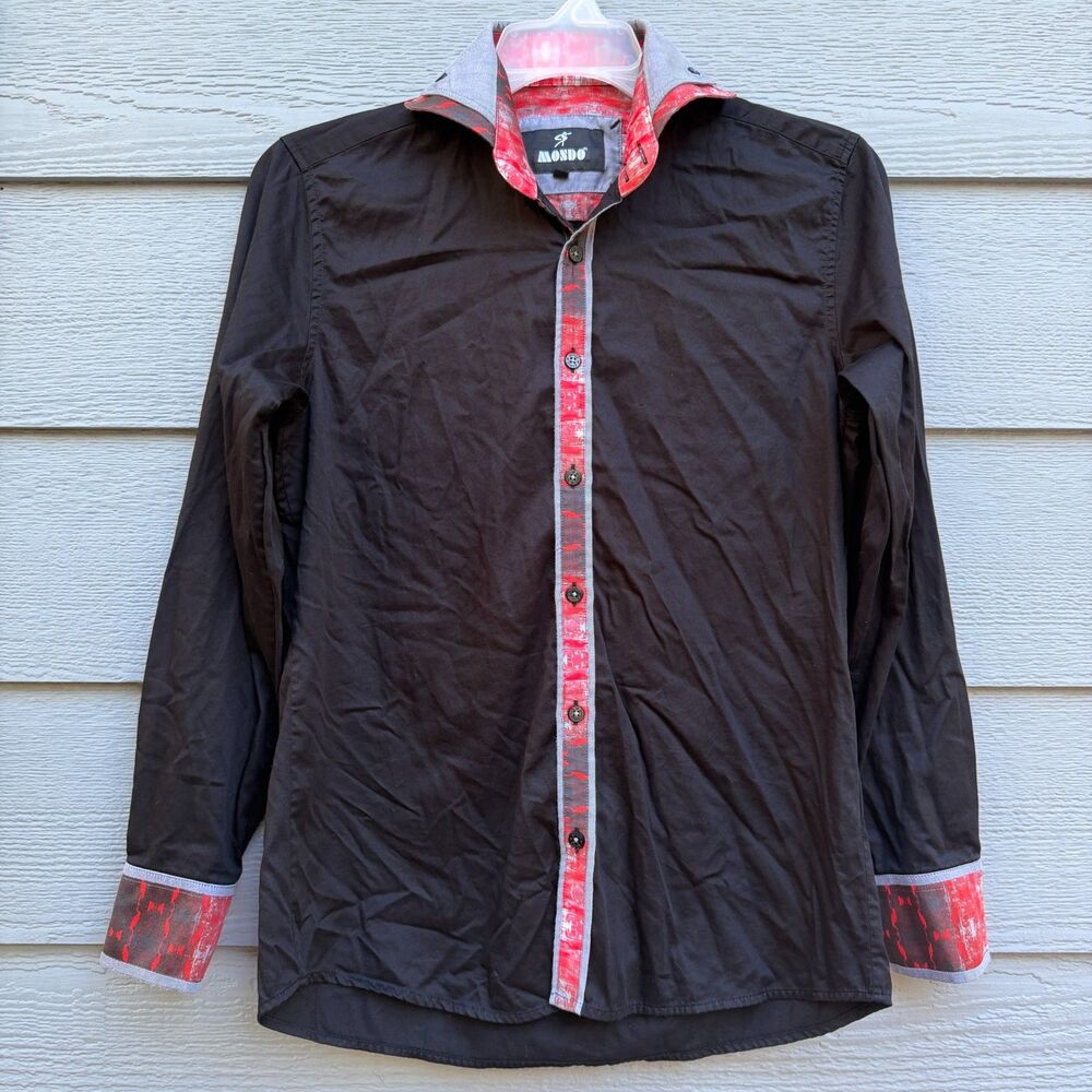 Mondo Men Size M Black Cotton Long Sleeve Button Up Dress Shirt Red Contrast